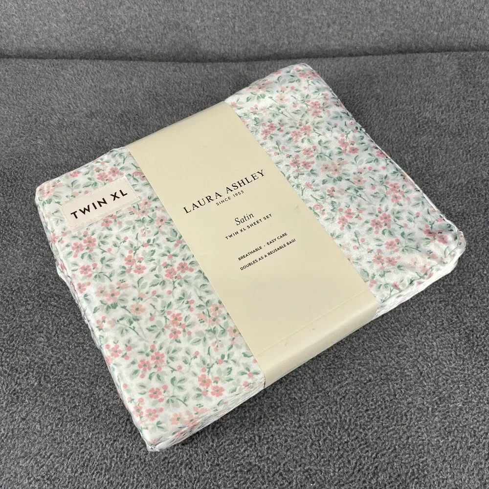 Laura Ashley Satin Sheet Set XL Twin Pink‎ Green Floral Tierney cottage country